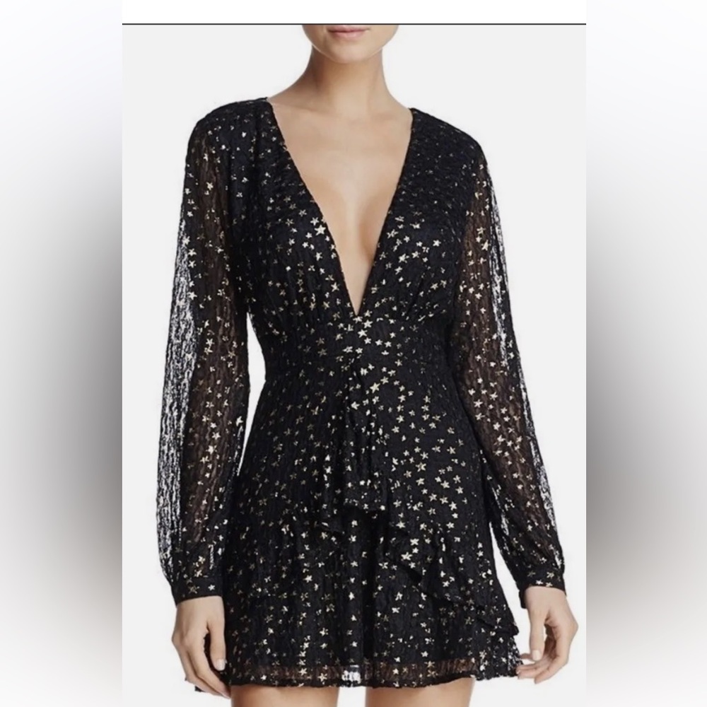 Sadie & Sage Black Mini Dress with Gold Star Print